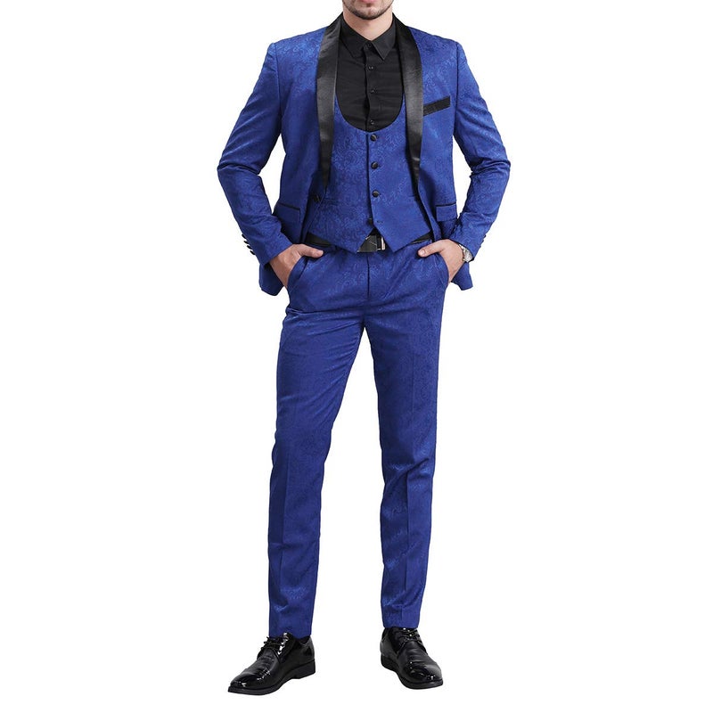 YFFUSHI Men's Elegant Jacquard 3 Piece Suit Shawl Lapel Slim Fit Tuxedo Set Blue - Image 4